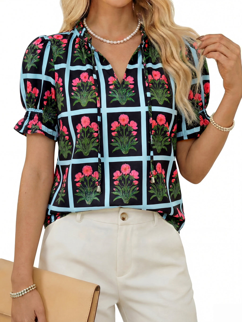 Tankaneo Womens Summer Floral Ruffle V Neck Blouses Dressy Casual Puff Short Sleeve Loose Fit Boho Shirts Tops