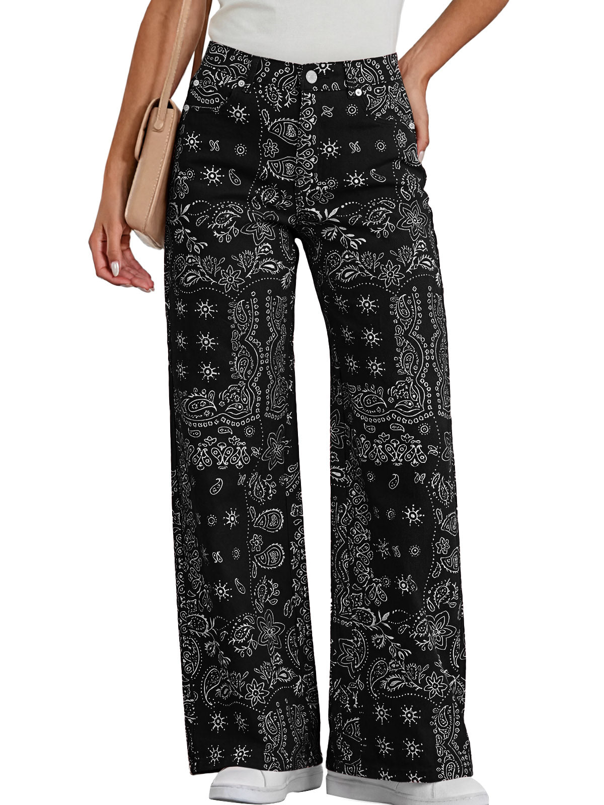 Tankaneo Womens Baggy Wide Leg Jeans Floral Print High Waist Stretchy Vintage Boyfriend Boho Denim Pants with Pockets