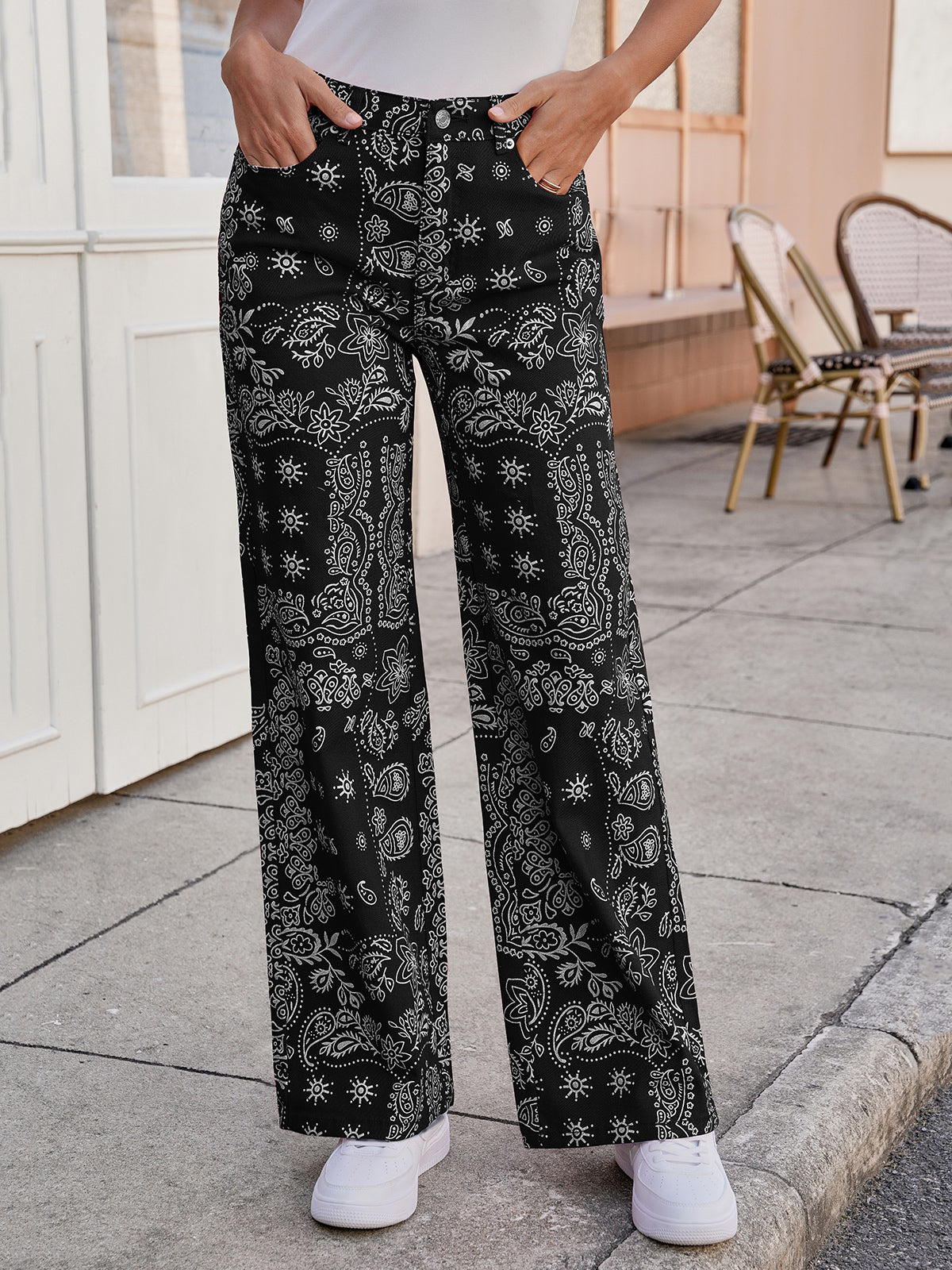 Tankaneo Womens Baggy Wide Leg Jeans Floral Print High Waist Stretchy Vintage Boyfriend Boho Denim Pants with Pockets