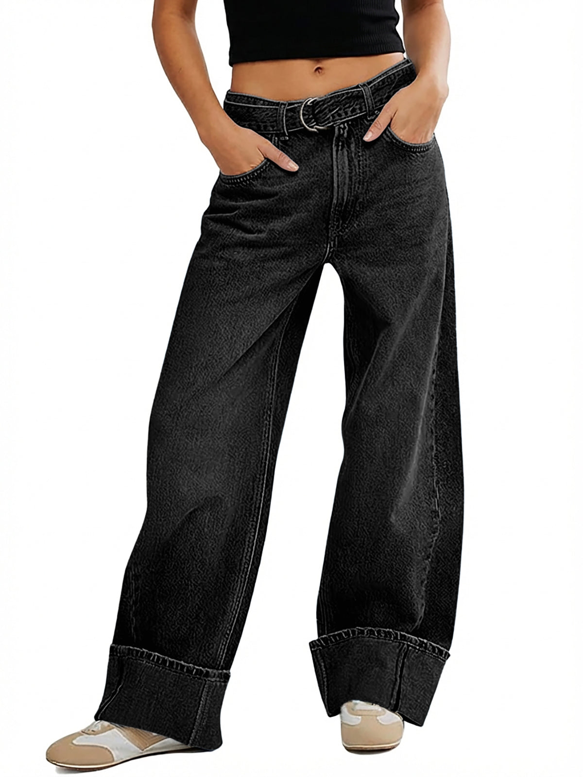 Tankaneo Womens Wide Leg Cuffed Jeans Trendy High Waisted Baggy Boyfriend Casual Denim Pants with Belted