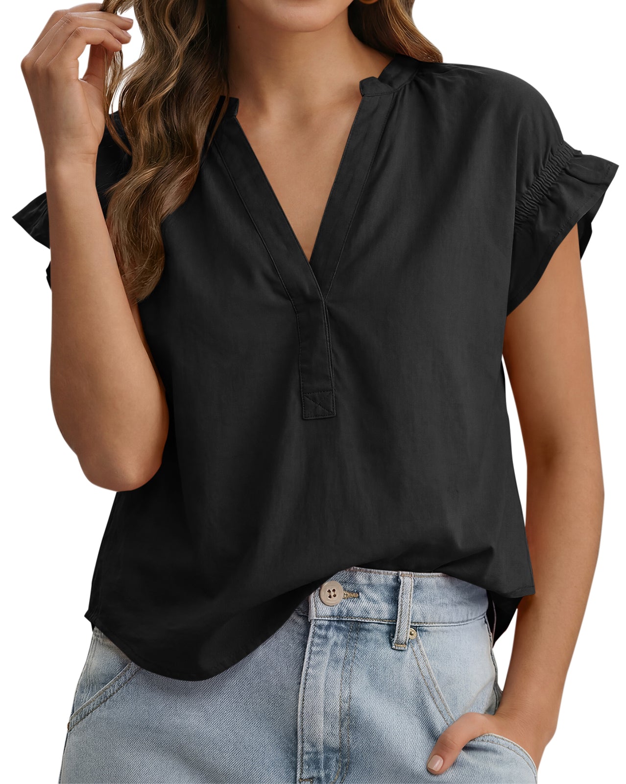 Tankaneo Womens Puff Sleeve V Neck Tops Summer Casual Cotton Blouse Trendy Loose Fit Tunic Shirts