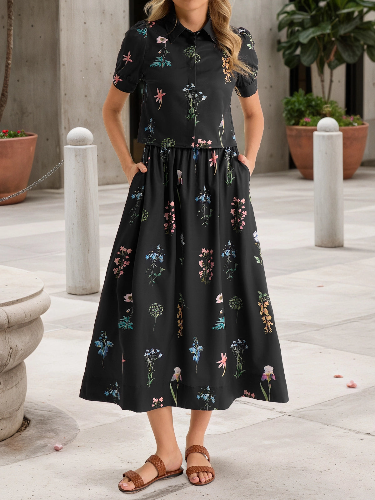 Tankaneo Womens Floral Print Shirt Dress Short-Sleeve Collared Midi Casual Dress