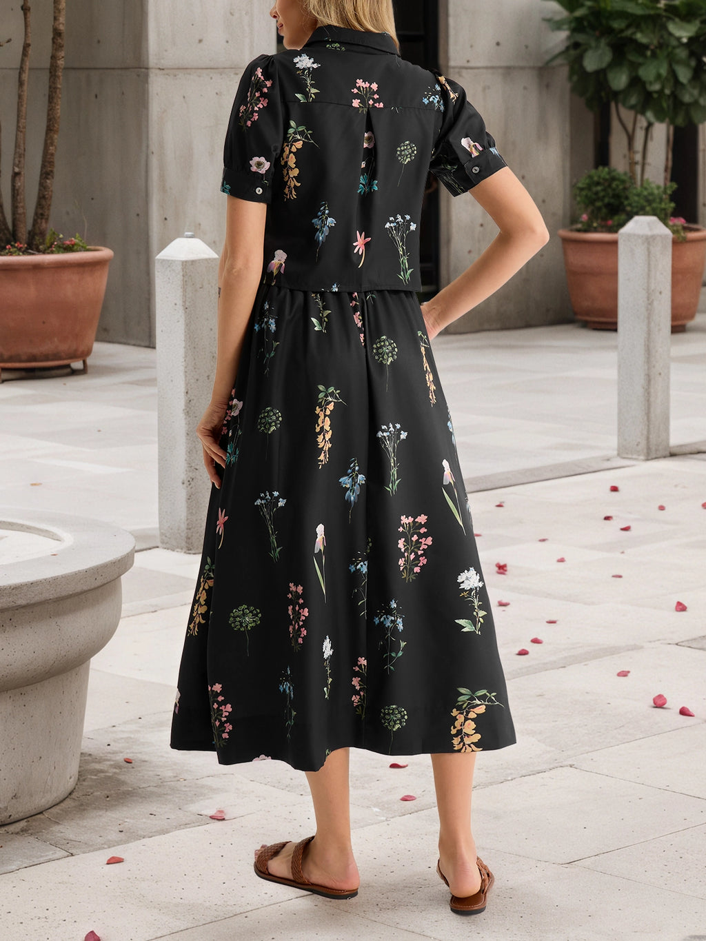 Tankaneo Womens Floral Print Shirt Dress Short-Sleeve Collared Midi Casual Dress