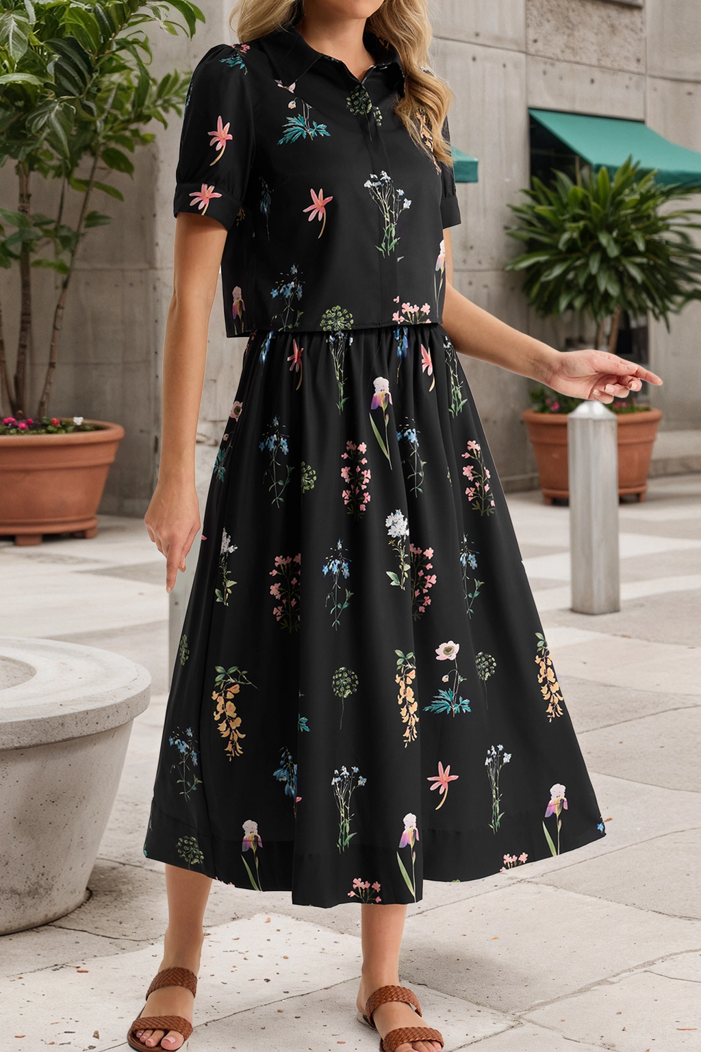 Tankaneo Womens Floral Print Shirt Dress Short-Sleeve Collared Midi Casual Dress