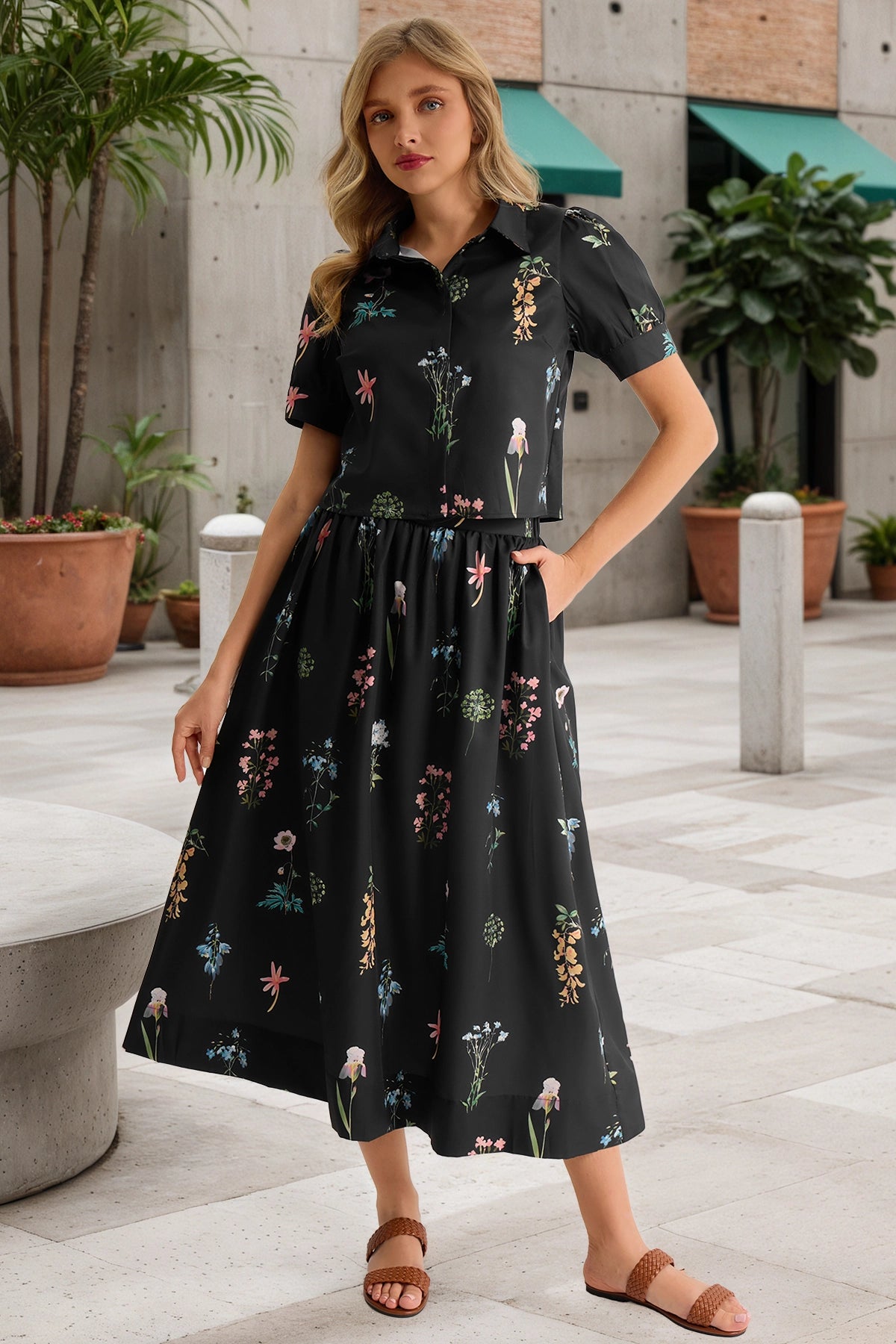 Tankaneo Womens Floral Print Shirt Dress Short-Sleeve Collared Midi Casual Dress