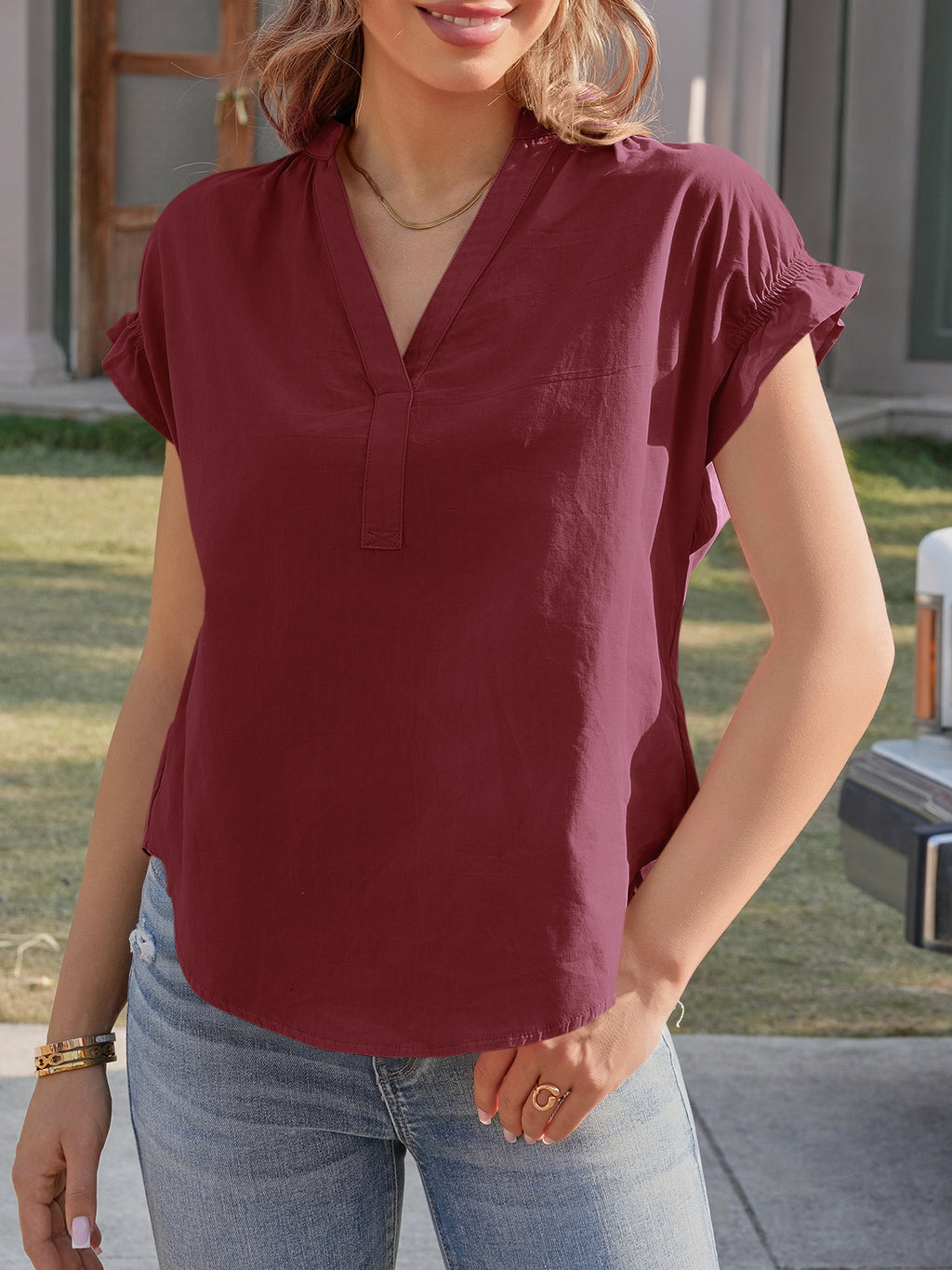 Tankaneo Womens Puff Sleeve V Neck Tops Summer Casual Cotton Blouse Trendy Loose Fit Tunic Shirts