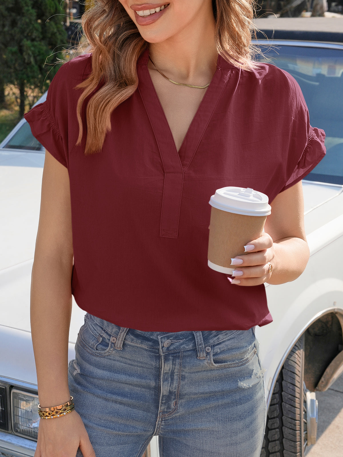 Tankaneo Womens Puff Sleeve V Neck Tops Summer Casual Cotton Blouse Trendy Loose Fit Tunic Shirts