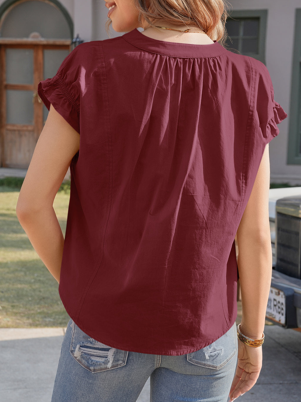 Tankaneo Womens Puff Sleeve V Neck Tops Summer Casual Cotton Blouse Trendy Loose Fit Tunic Shirts