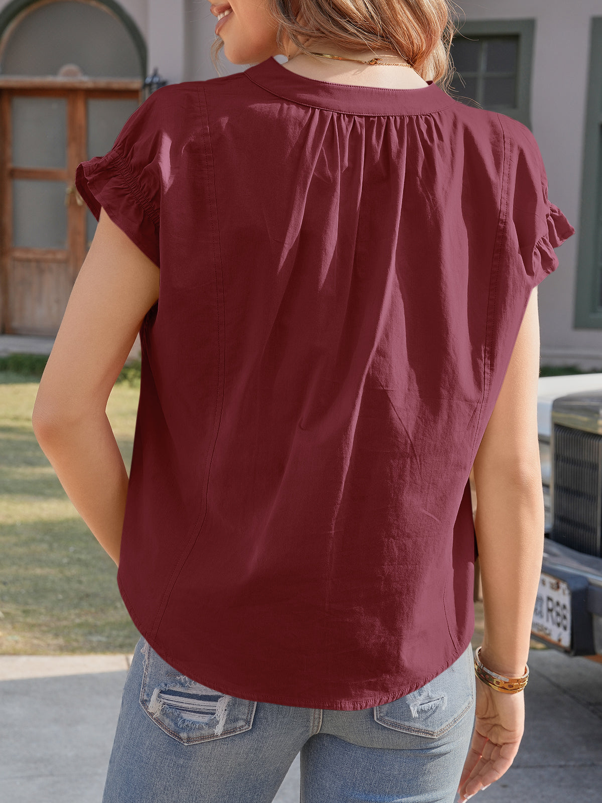 Tankaneo Womens Puff Sleeve V Neck Tops Summer Casual Cotton Blouse Trendy Loose Fit Tunic Shirts