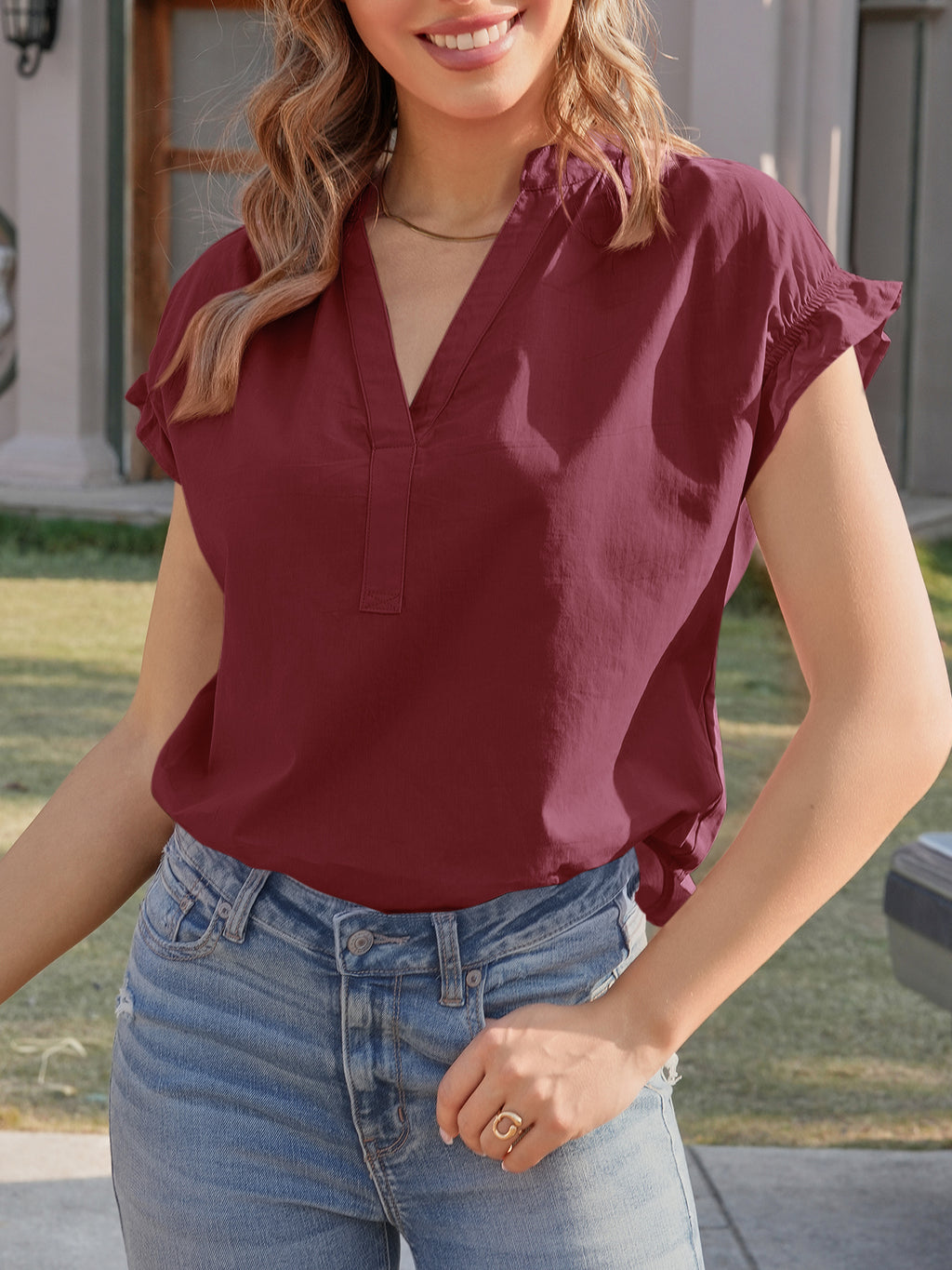 Tankaneo Womens Puff Sleeve V Neck Tops Summer Casual Cotton Blouse Trendy Loose Fit Tunic Shirts