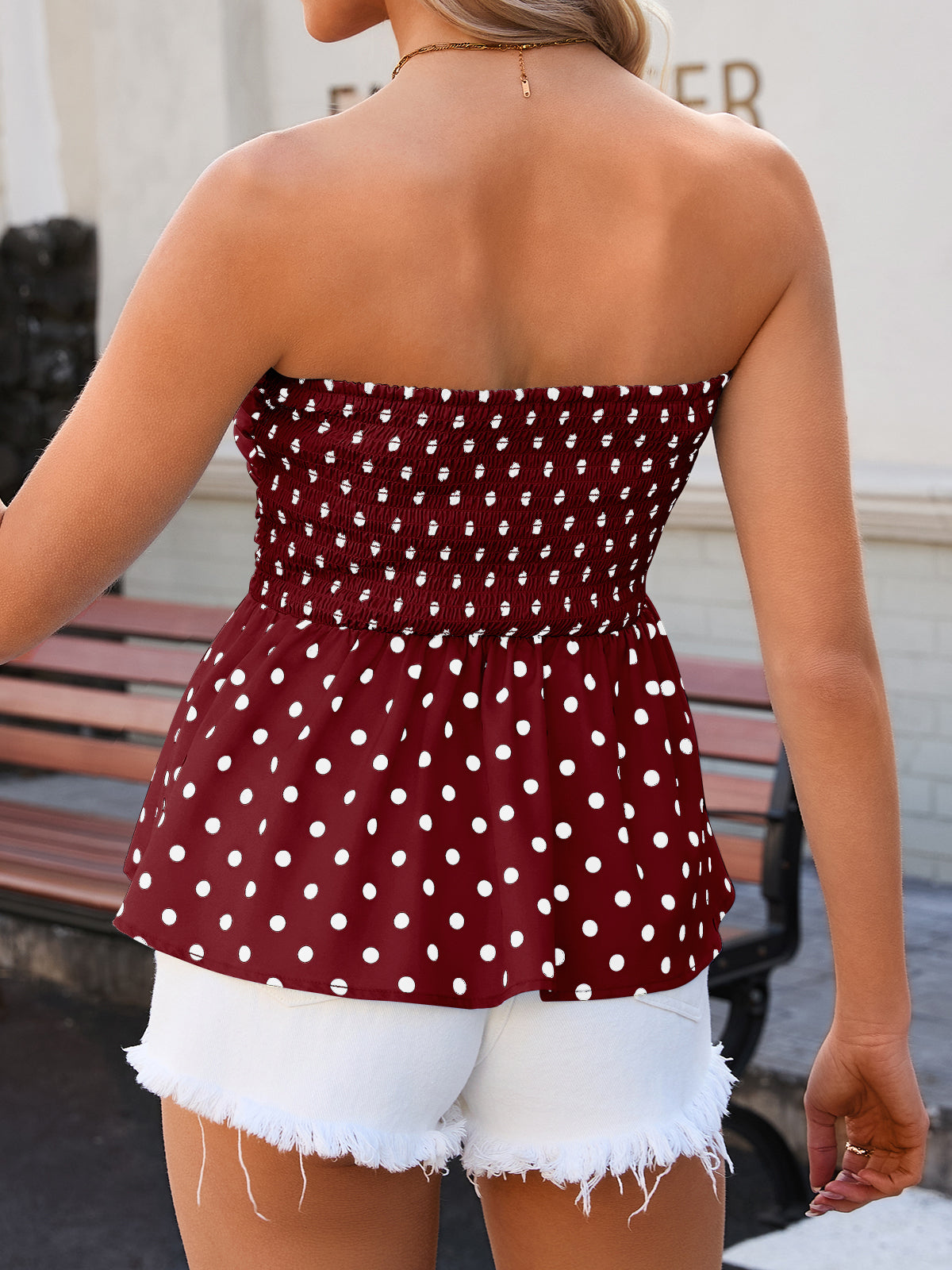 Tankaneo Womens Strapless Polka Dot Tube Tops Cute Backless Peplumn Ruffle Hem Bandeau Top Slim Fit Y2k Tank Tops