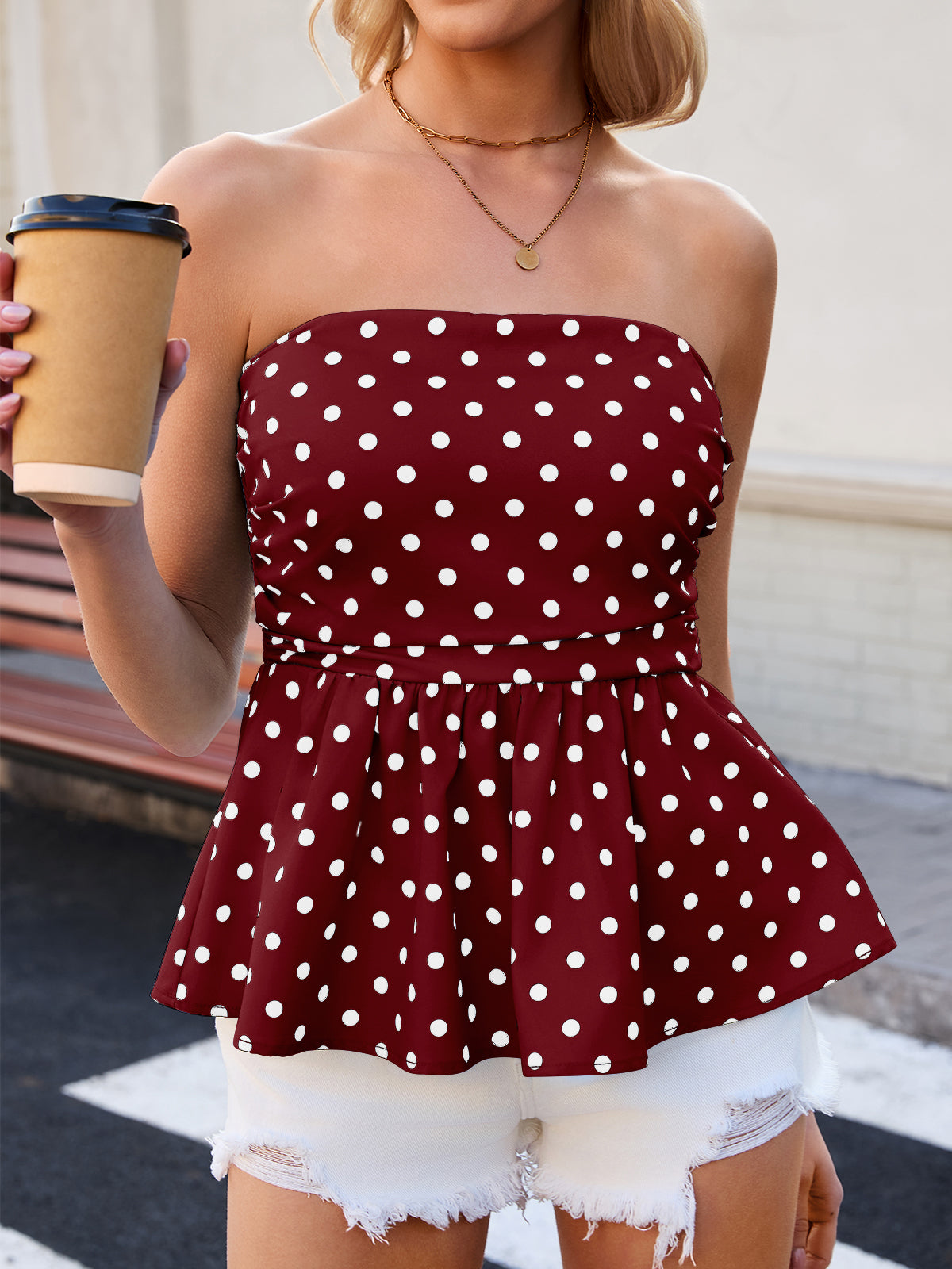 Tankaneo Womens Strapless Polka Dot Tube Tops Cute Backless Peplumn Ruffle Hem Bandeau Top Slim Fit Y2k Tank Tops