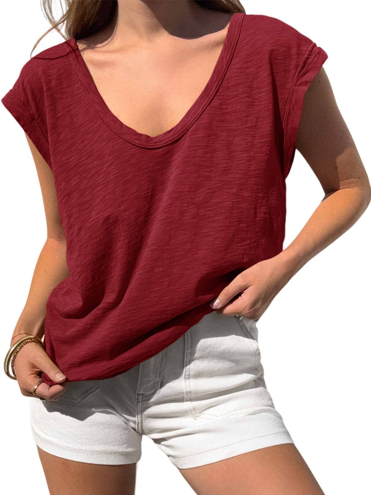 Tankaneo Womens Tank Tops Summer Casual Cap Sleeve T Shirt Loose Fit V Neck Tanks Basic Tees