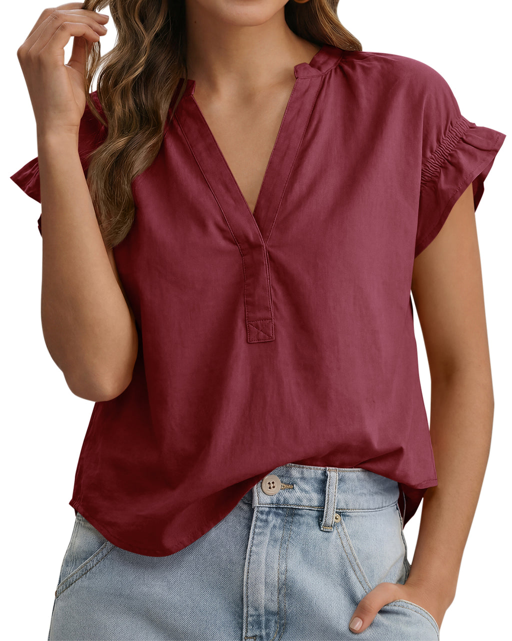 Tankaneo Womens Puff Sleeve V Neck Tops Summer Casual Cotton Blouse Trendy Loose Fit Tunic Shirts