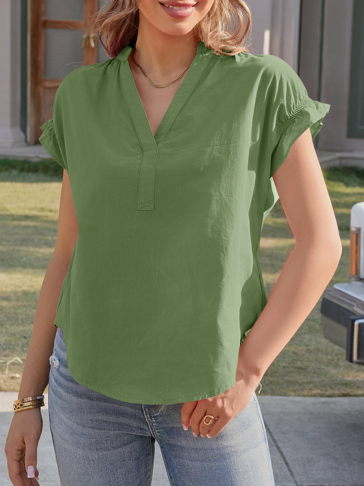 Tankaneo Womens Puff Sleeve V Neck Tops Summer Casual Cotton Blouse Trendy Loose Fit Tunic Shirts