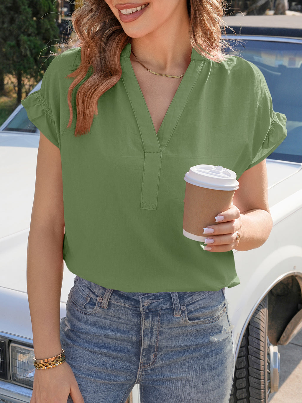 Tankaneo Womens Puff Sleeve V Neck Tops Summer Casual Cotton Blouse Trendy Loose Fit Tunic Shirts