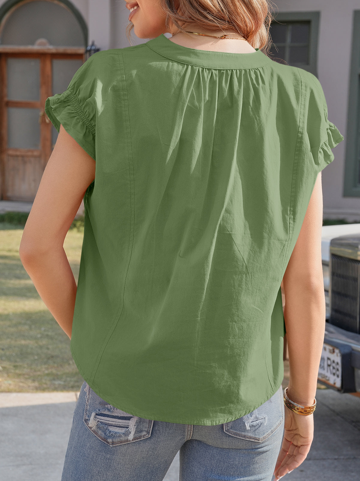 Tankaneo Womens Puff Sleeve V Neck Tops Summer Casual Cotton Blouse Trendy Loose Fit Tunic Shirts