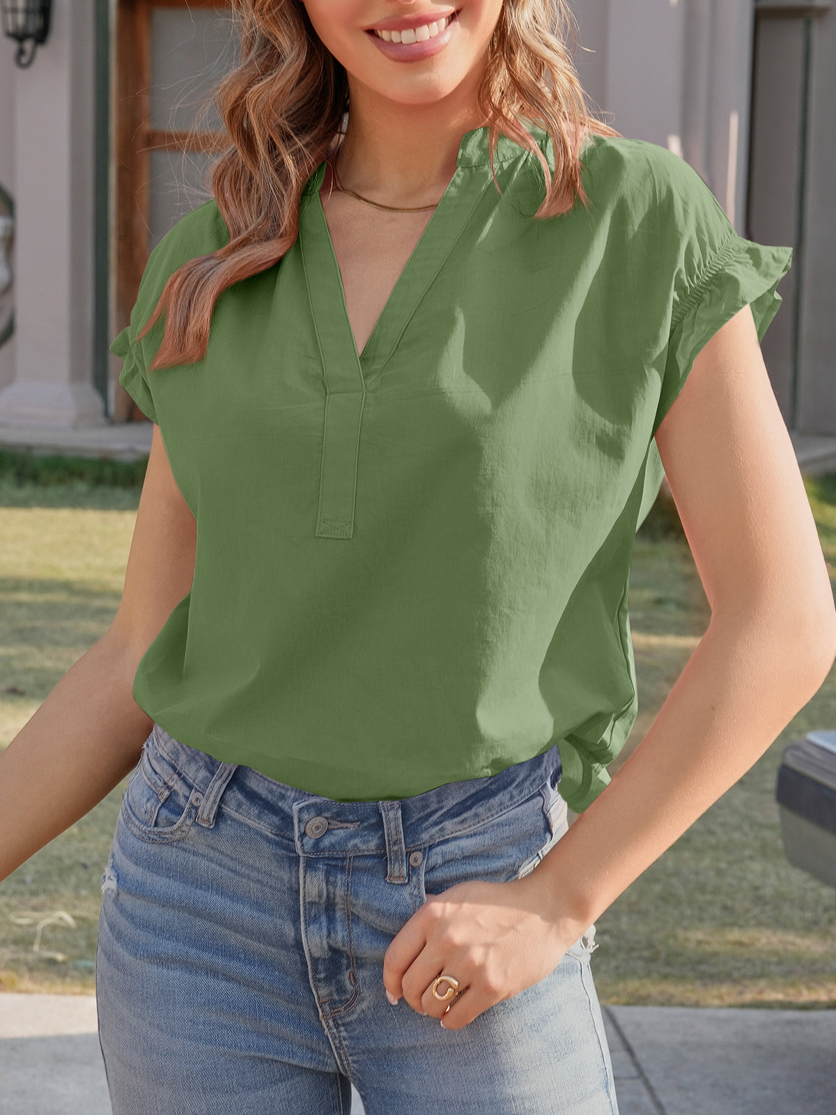 Tankaneo Womens Puff Sleeve V Neck Tops Summer Casual Cotton Blouse Trendy Loose Fit Tunic Shirts