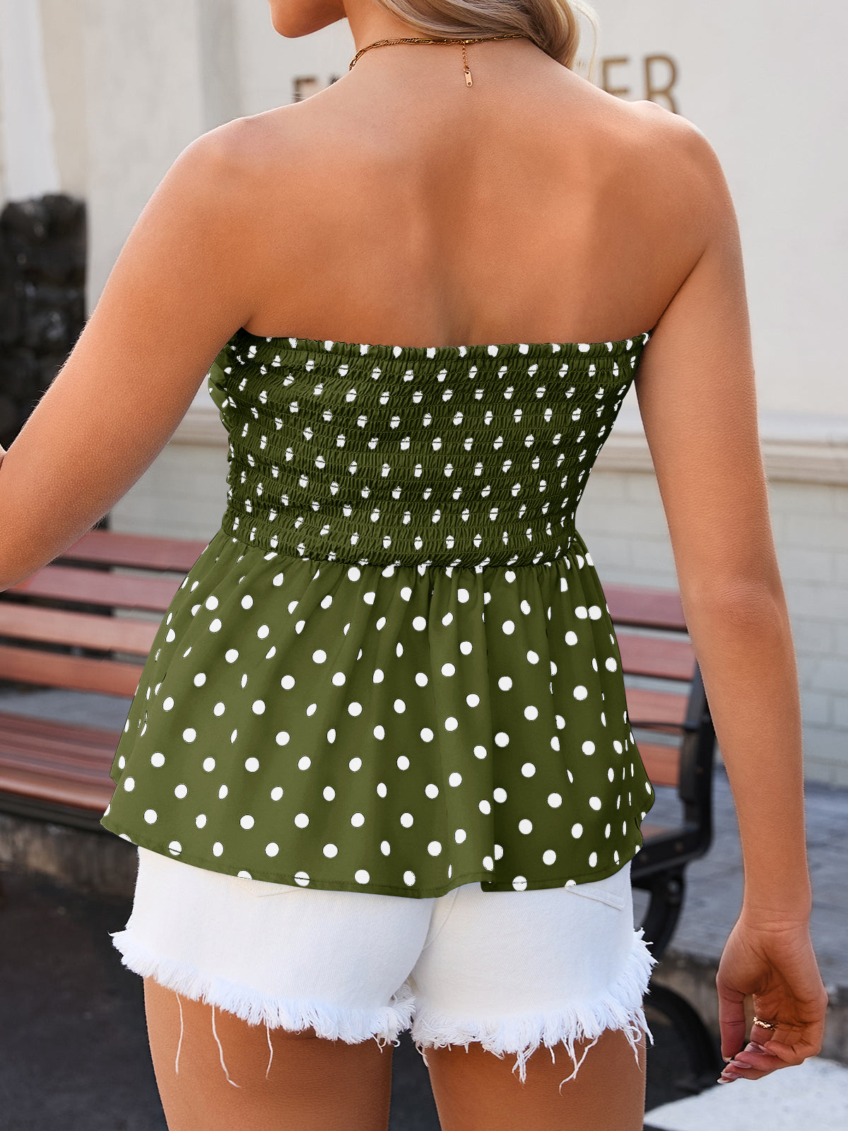 Tankaneo Womens Strapless Polka Dot Tube Tops Cute Backless Peplumn Ruffle Hem Bandeau Top Slim Fit Y2k Tank Tops