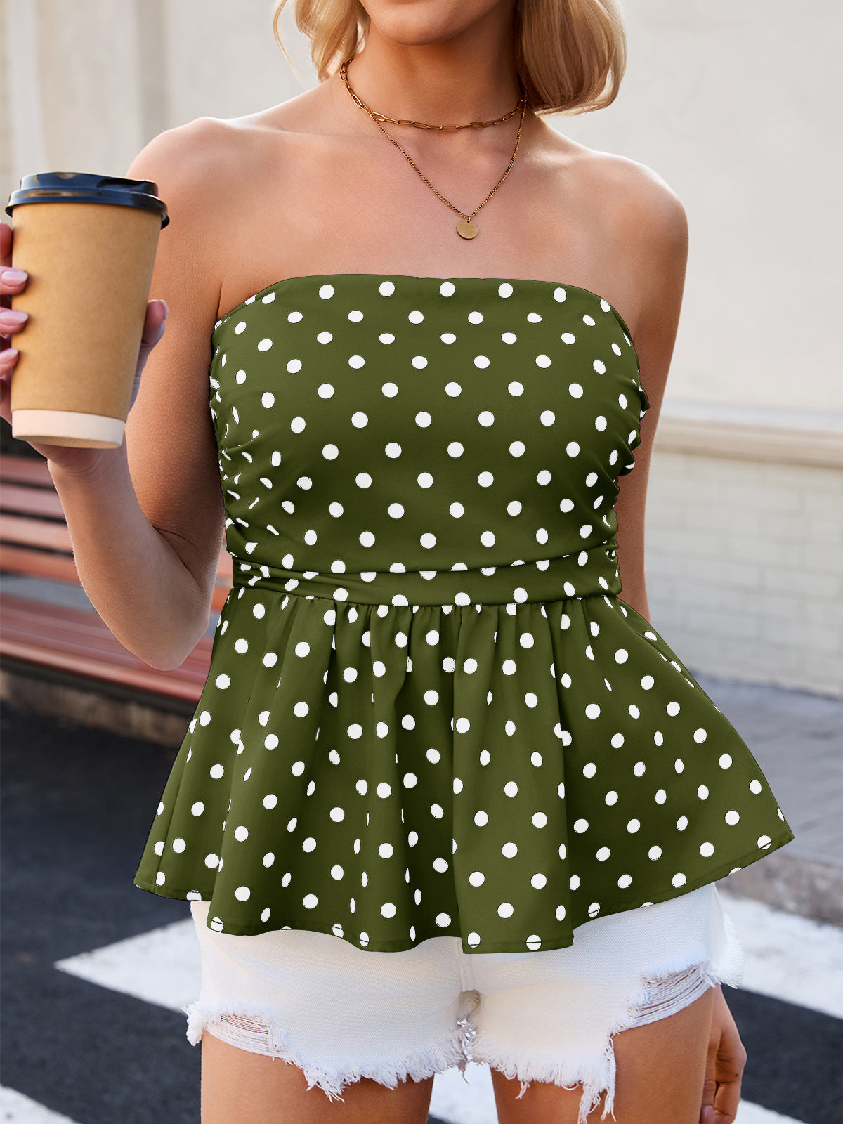 Tankaneo Womens Strapless Polka Dot Tube Tops Cute Backless Peplumn Ruffle Hem Bandeau Top Slim Fit Y2k Tank Tops