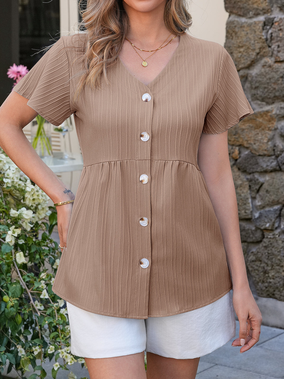 Tankaneo Womens Short Sleeve Blouse Casual Button Down V Neck Babydoll Shirt Loose Fit Ruffle Hem Peplum Tops