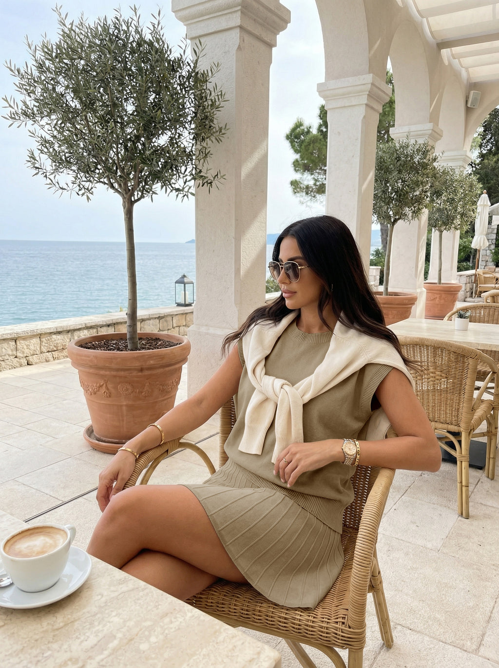 Tankaneo Womens 2 Piece Outfits Sweater Skirt Sets Cap Sleeve Sweater Tops Pleated Mini Skirt Knit Lounge Matching Set