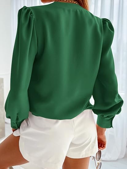 Tankaneo Business Casual Tops Summer Long Sleeve Button Down Shirts V Neck Chiffon Blouses