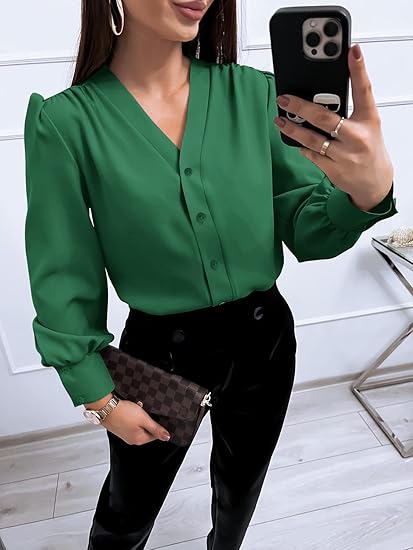 Tankaneo Business Casual Tops Summer Long Sleeve Button Down Shirts V Neck Chiffon Blouses