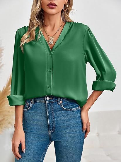 Tankaneo Business Casual Tops Summer Long Sleeve Button Down Shirts V Neck Chiffon Blouses