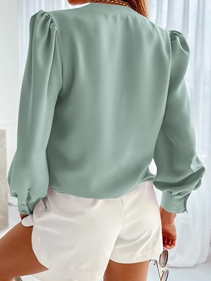 Tankaneo Business Casual Tops Summer Long Sleeve Button Down Shirts V Neck Chiffon Blouses