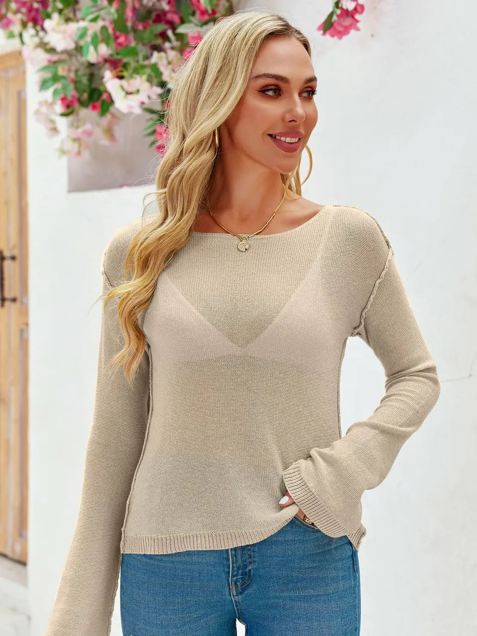 Tankaneo Women's Sheer Boat Neck Knit Top