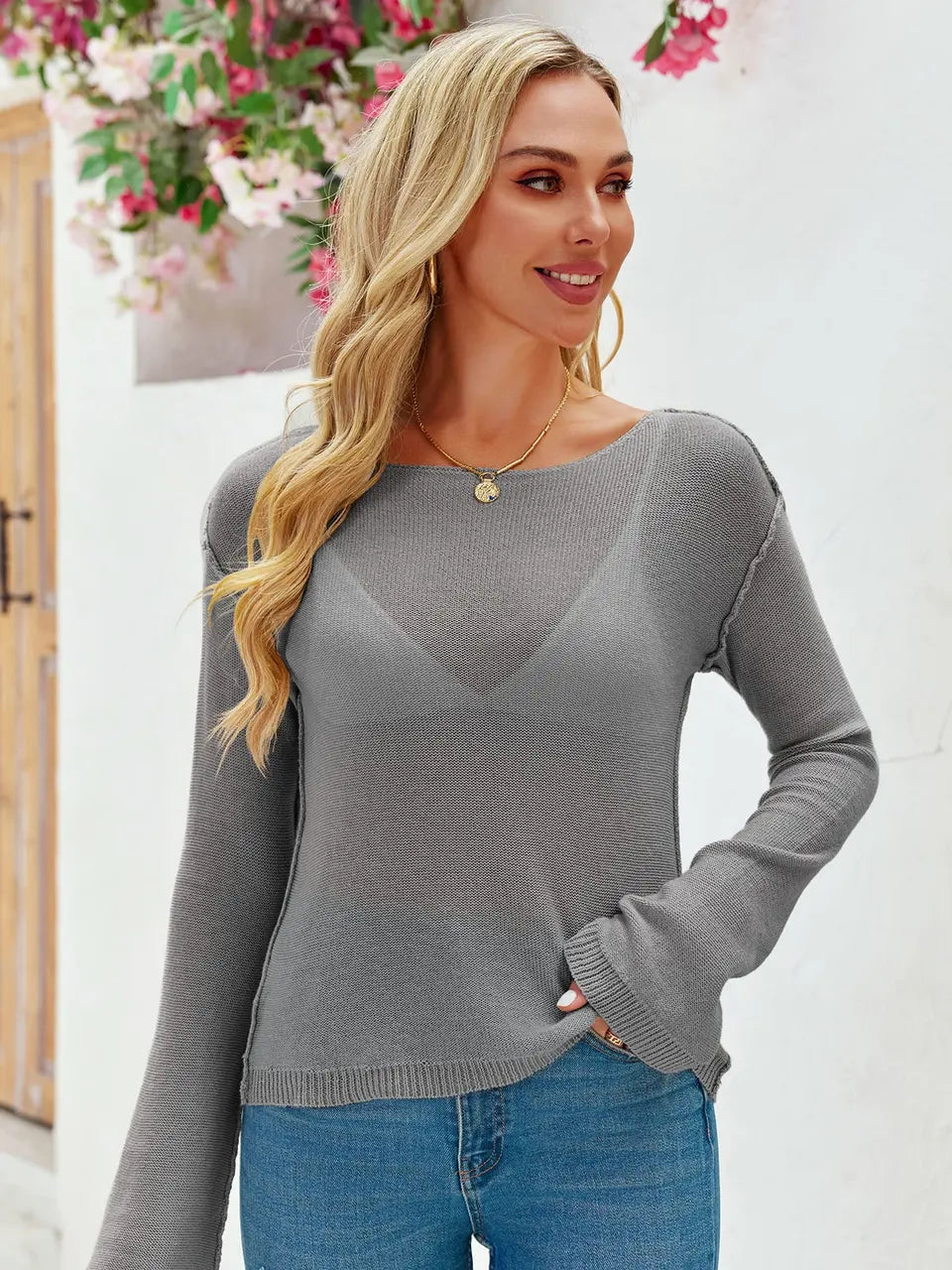Tankaneo Women's Sheer Boat Neck Knit Top