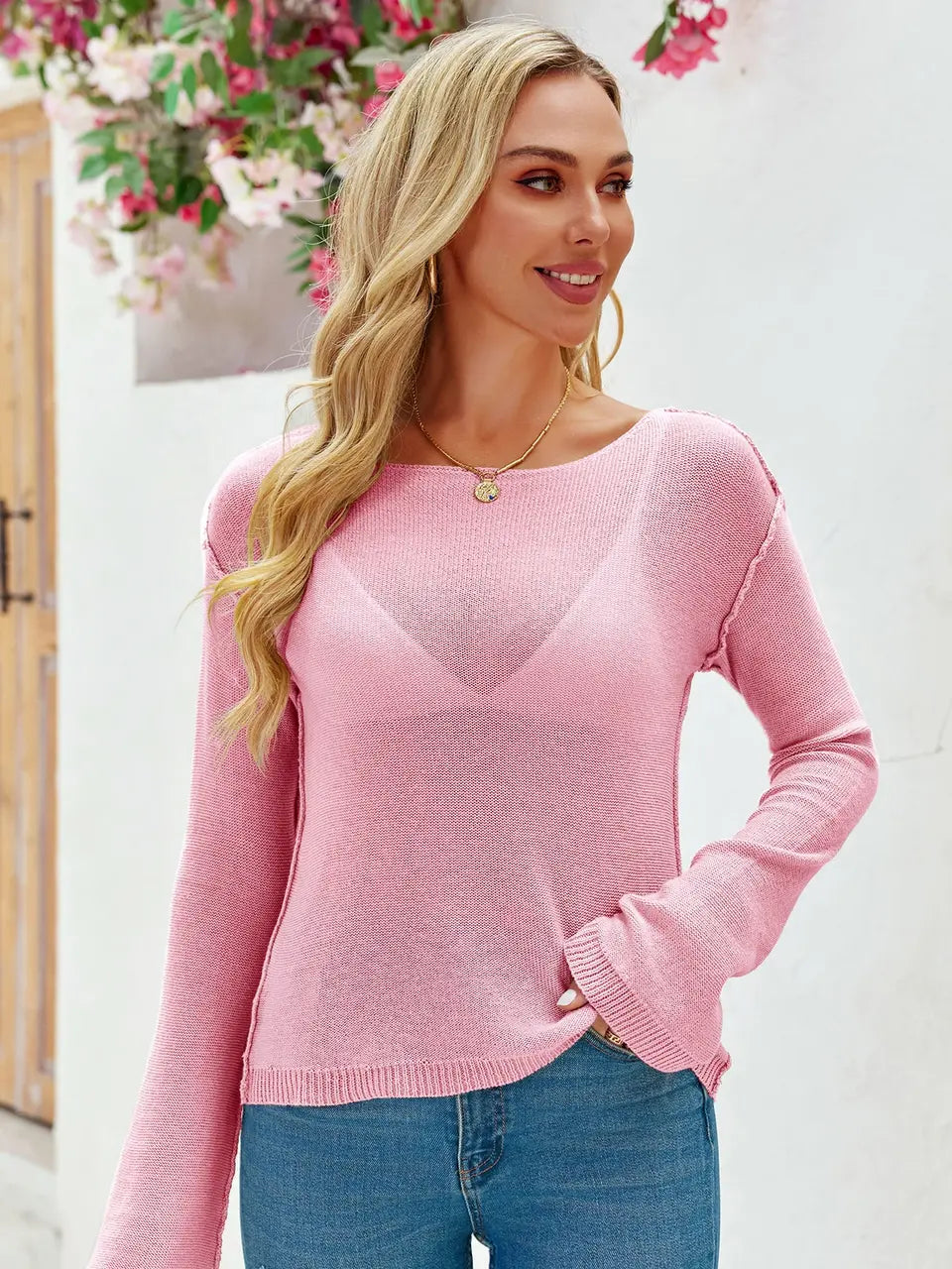 Tankaneo Women's Sheer Boat Neck Knit Top