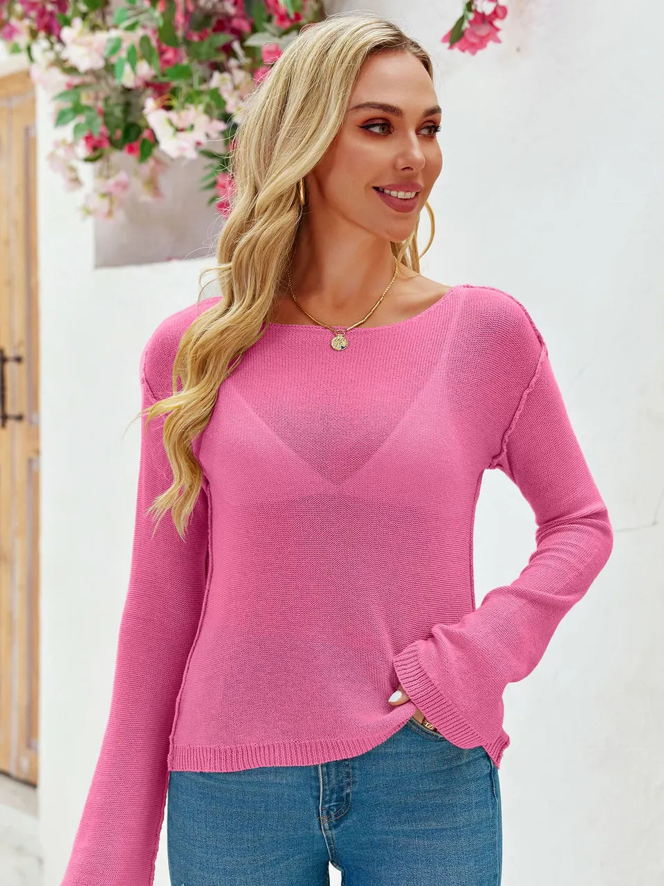 Tankaneo Women's Sheer Boat Neck Knit Top