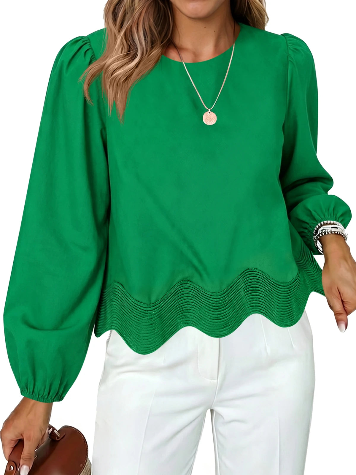Tankaneo Women's Puff Sleeve Scallop Crop Blouse