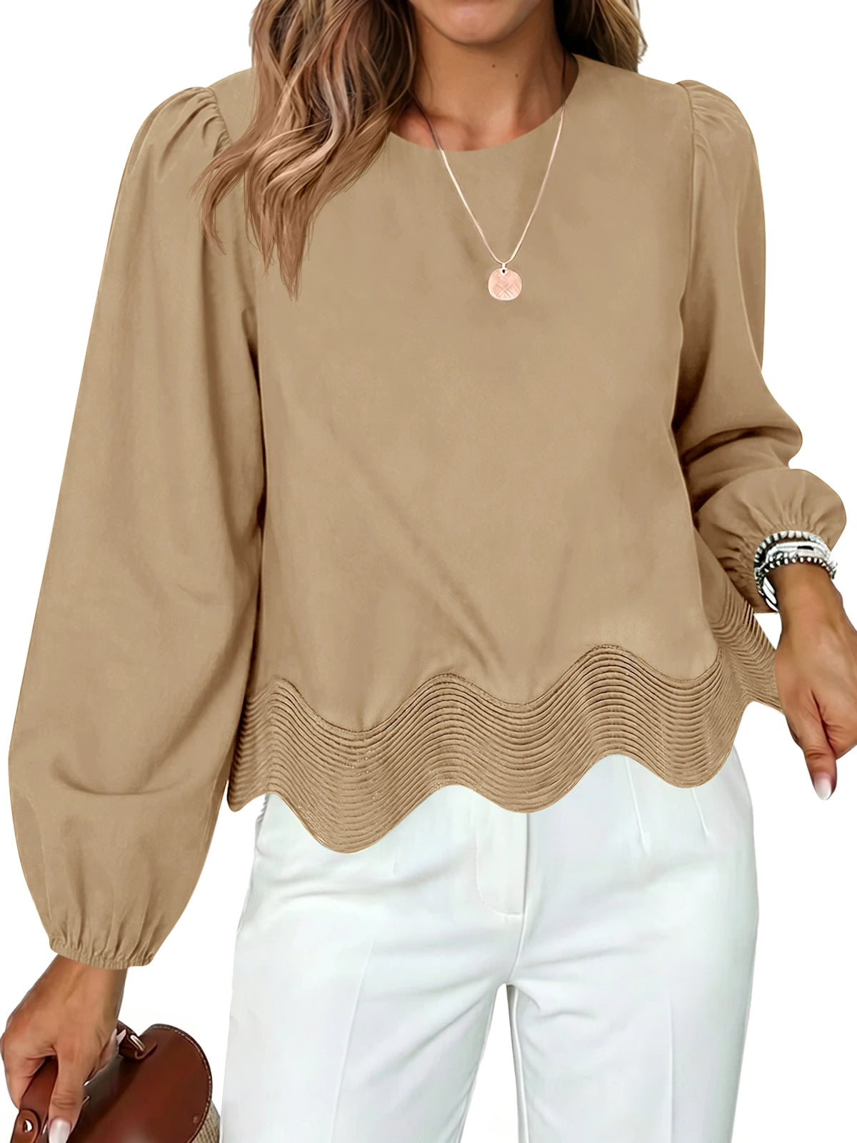 Tankaneo Women's Puff Sleeve Scallop Crop Blouse