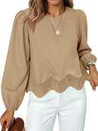 Tankaneo Women's Puff Sleeve Scallop Crop Blouse