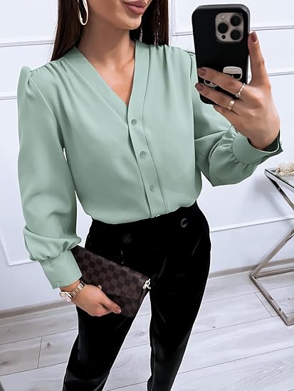 Tankaneo Business Casual Tops Summer Long Sleeve Button Down Shirts V Neck Chiffon Blouses