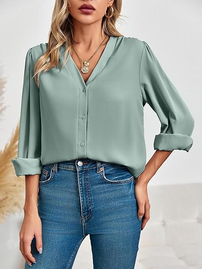 Tankaneo Business Casual Tops Summer Long Sleeve Button Down Shirts V Neck Chiffon Blouses