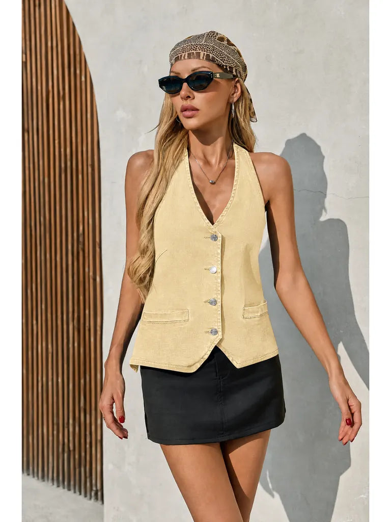 Tankaneo Women's Button-Down Denim Vest Top