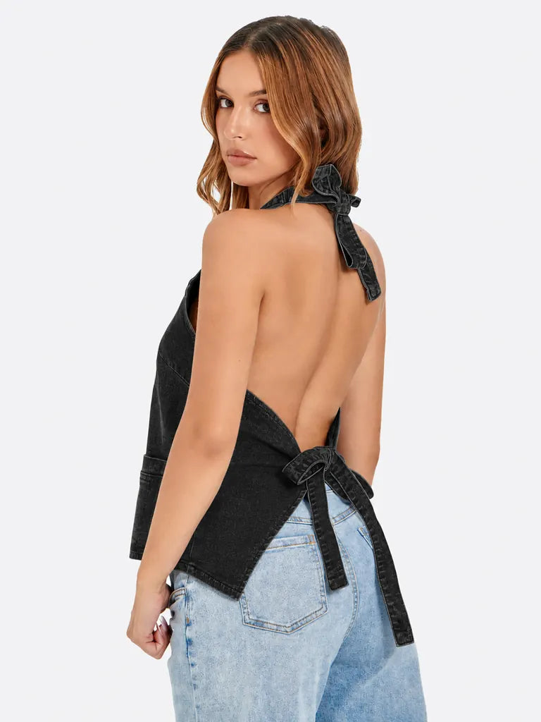 Tankaneo Women's Button-Down Denim Vest Top