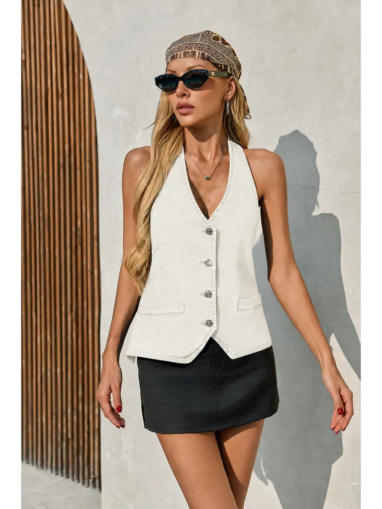 Tankaneo Women's Button-Down Denim Vest Top