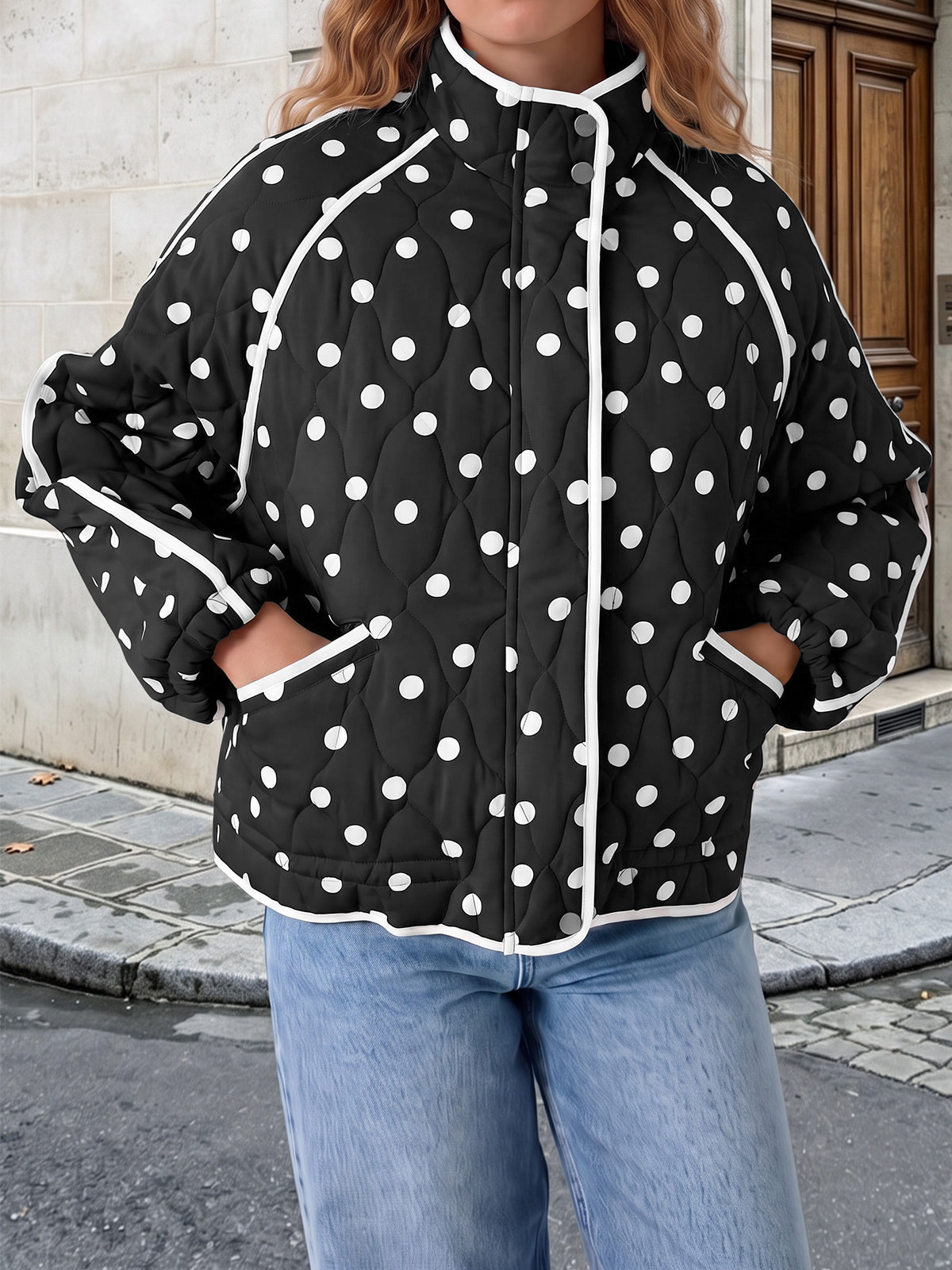 Tankaneo Women's Polka Dot Quilted Zip‑Up Jacket