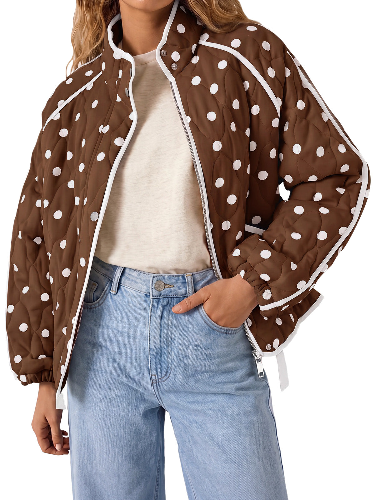 Tankaneo Women's Polka Dot Quilted Zip‑Up Jacket