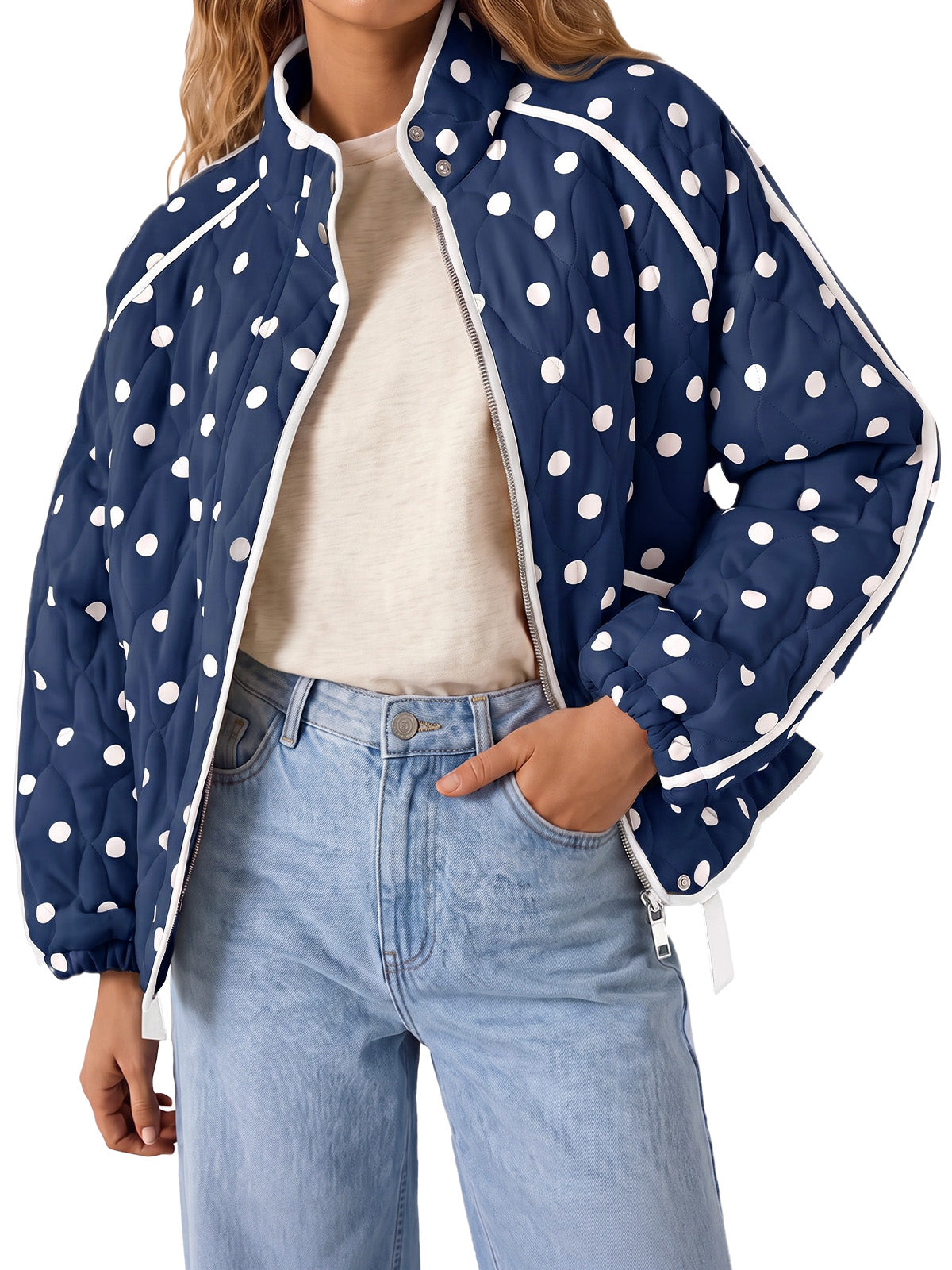 Tankaneo Women's Polka Dot Quilted Zip‑Up Jacket