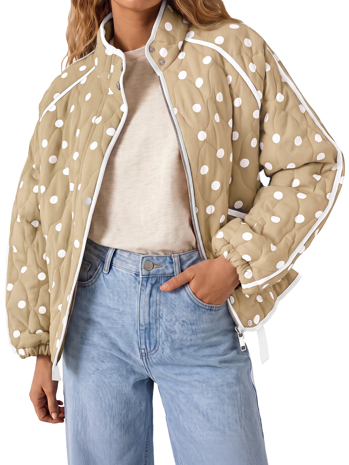 Tankaneo Women's Polka Dot Quilted Zip‑Up Jacket