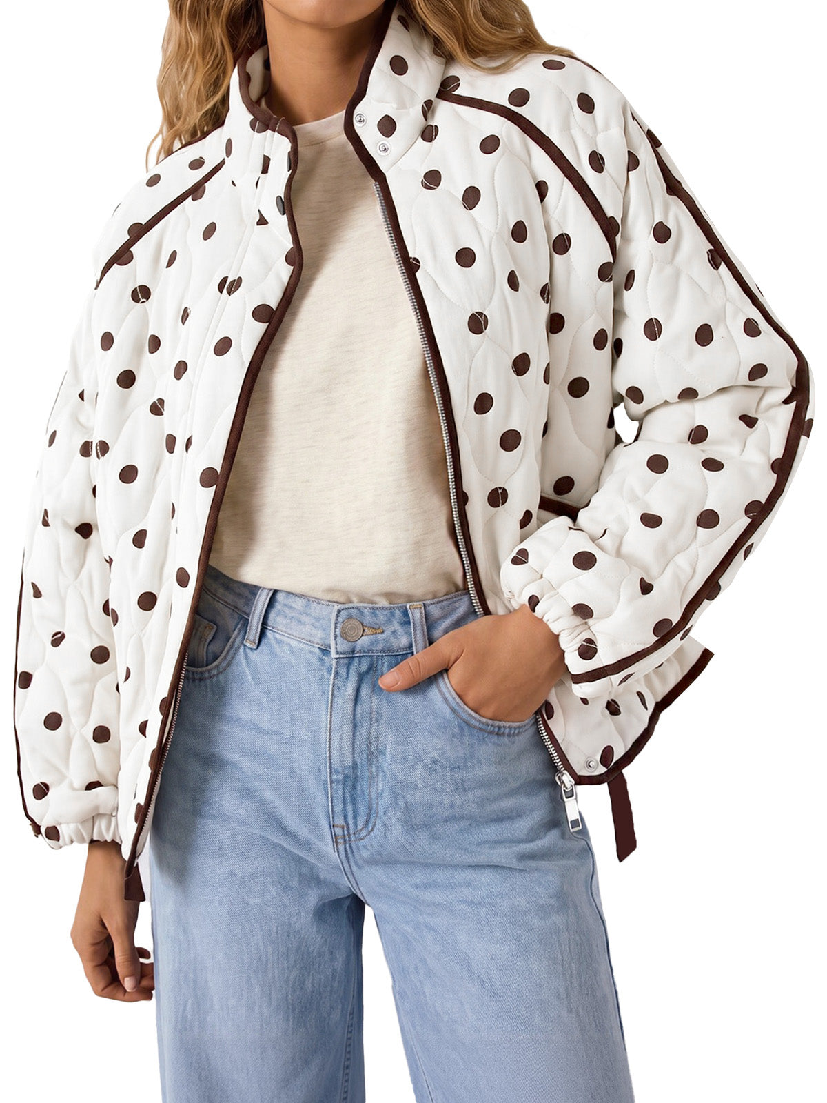Tankaneo Women's Polka Dot Quilted Zip‑Up Jacket
