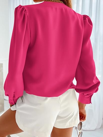 Tankaneo Business Casual Tops Summer Long Sleeve Button Down Shirts V Neck Chiffon Blouses