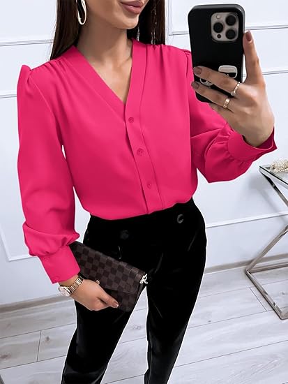 Tankaneo Business Casual Tops Summer Long Sleeve Button Down Shirts V Neck Chiffon Blouses