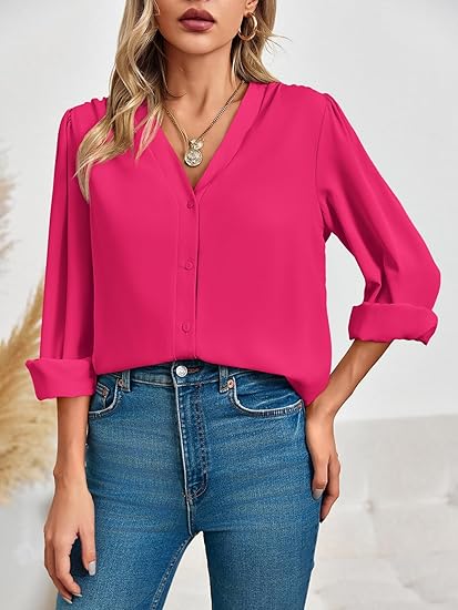 Tankaneo Business Casual Tops Summer Long Sleeve Button Down Shirts V Neck Chiffon Blouses